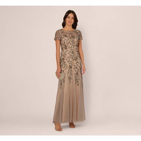 Adrianna Papell Womens 22W Plus Floral Beaded Gown Silver Beige Formal Dress - Picture 1 of 8